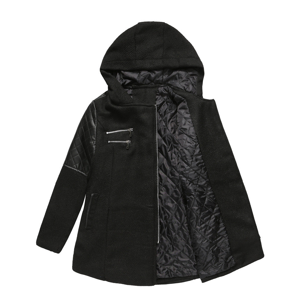 Casual Hooded Woolen Coat Jacket Black