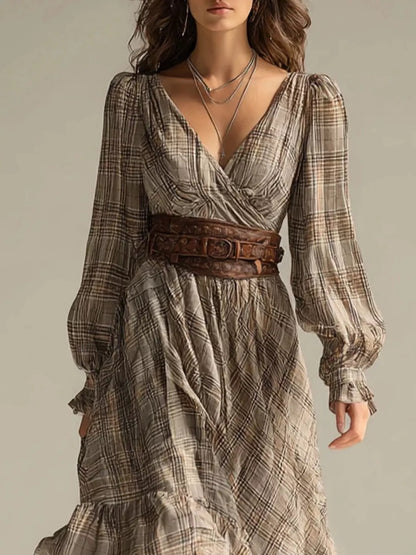Plaid High-Low Long Sleeve Dress