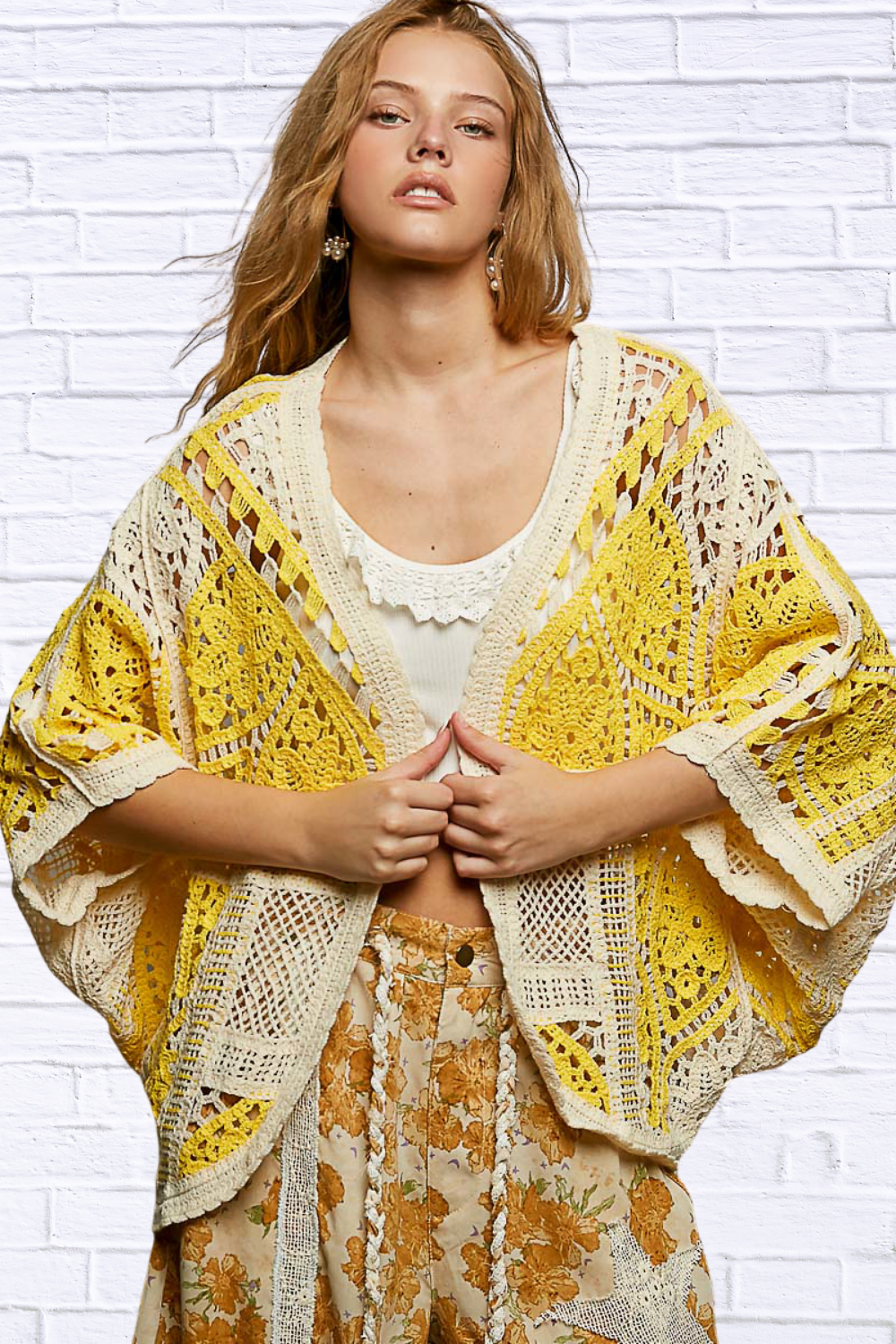 Golden Glow Open Front Crochet Cardigan with Scalloped Edge