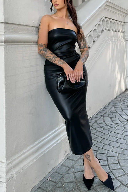 Strapless Tube Faux Leather Bodycon Midi Dress