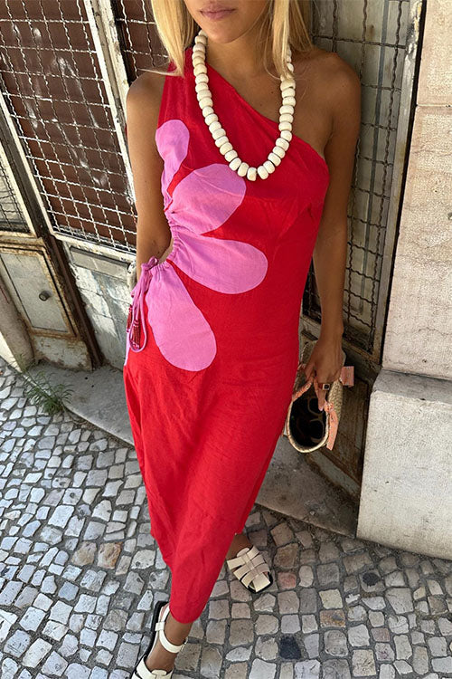 One Shoulder Drawstring Cut Out Floral Print Maxi Dress