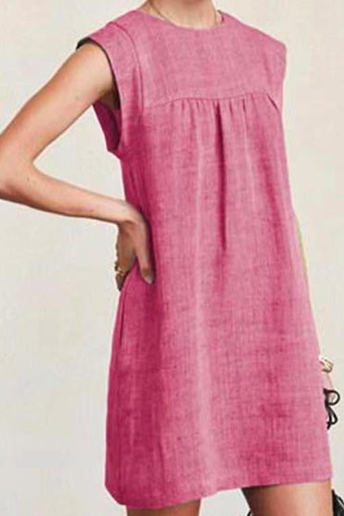 Ruched Short Sleeve Cotton Linen Babydoll Dress Pink