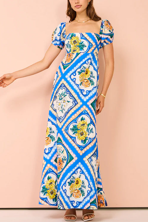 Square Collar Puff Sleeves High Waist Floral Print Maxi Dress