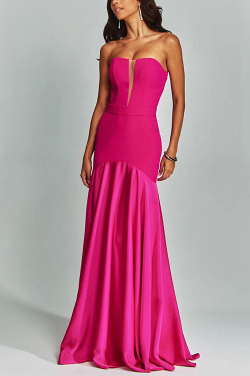 Mesh V Neck Strapless Splice Flare Maxi Party Dress