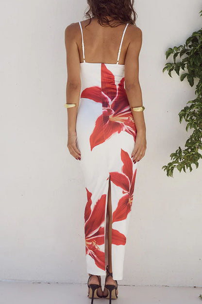 Spaghetti Strap Back Slit Lily Print Bodycon Maxi Dress