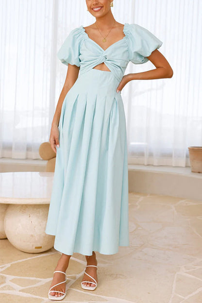 V Neck Twist Front Puff Sleeves Cut Out Maxi Dress