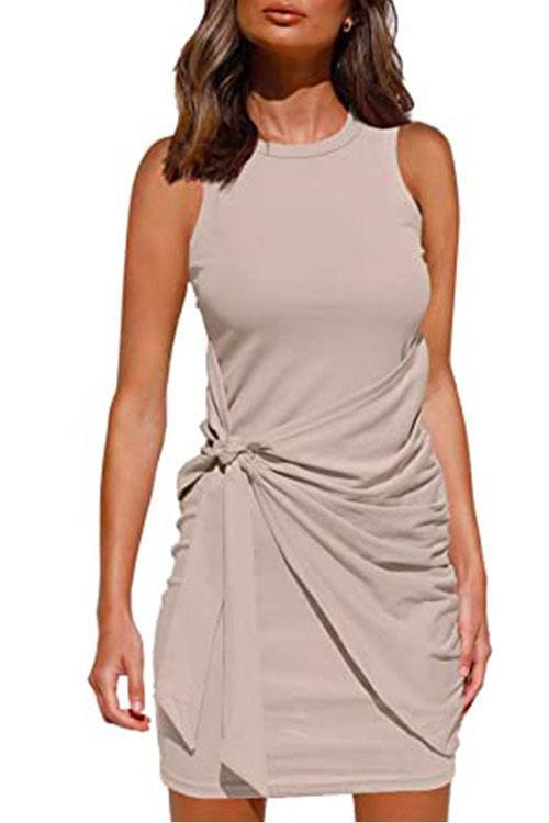 Crewneck Knot Front Ruched Sleeveless Dress Apricot