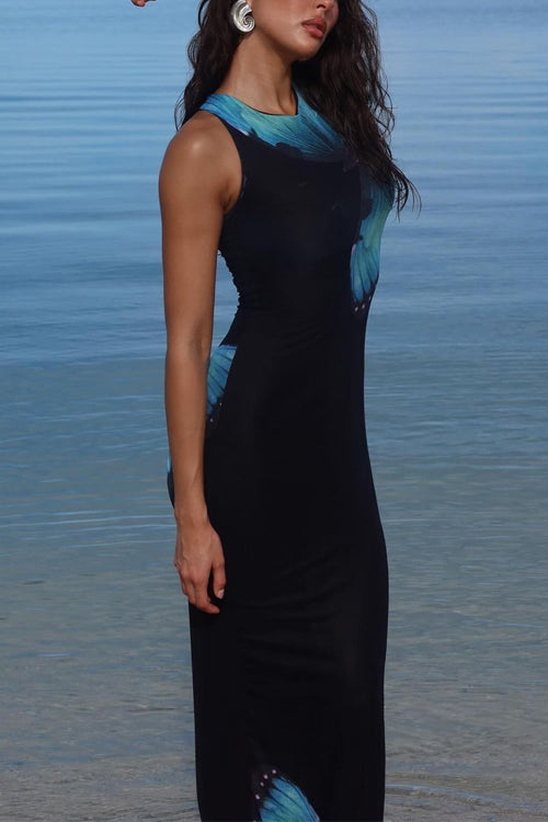 Back Lace-up Sleeveless Butterfly Print Maxi Dress