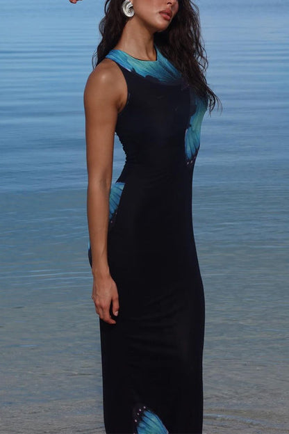 Back Lace-up Sleeveless Butterfly Print Maxi Dress