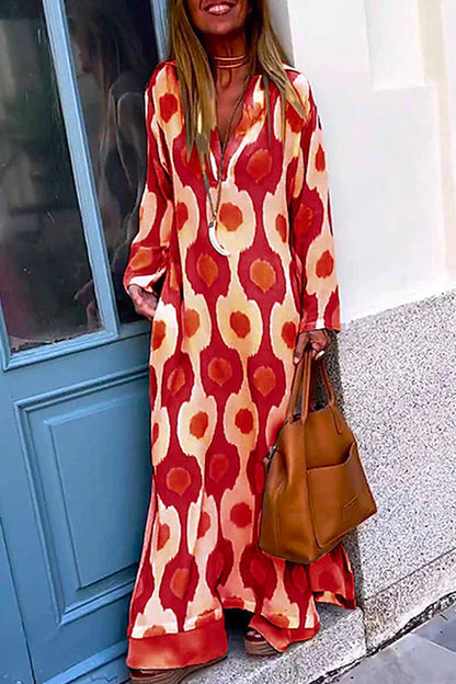 V Neck Side Split Printed Maxi Holiday Dress Red