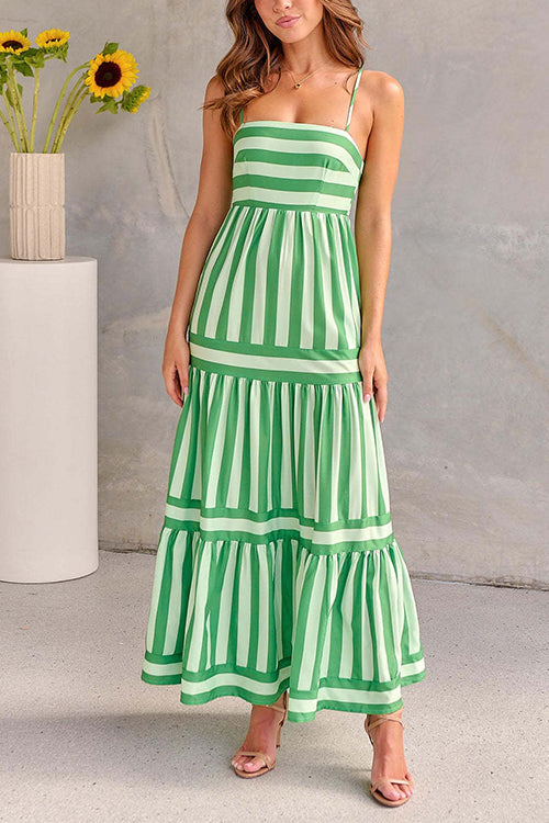Spaghetti Strap Ruffle Tiered Color Block Striped Maxi Dress
