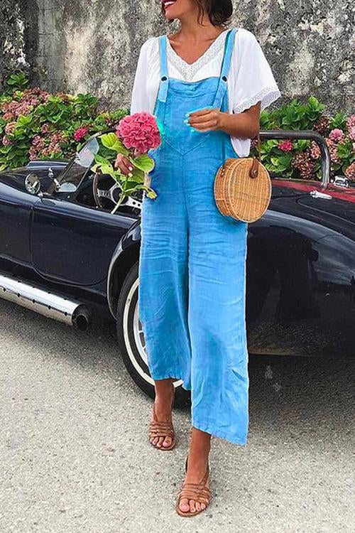 Straight Leg Cotton linen Holiday Overalls Blue