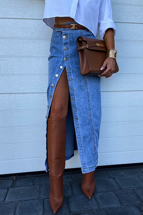 High Rise Button Down Slit Denim Skirt
