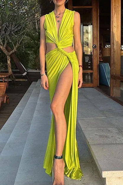 V Neck Knot Front Cut Out High Slit Sleeveless Maxi Dress