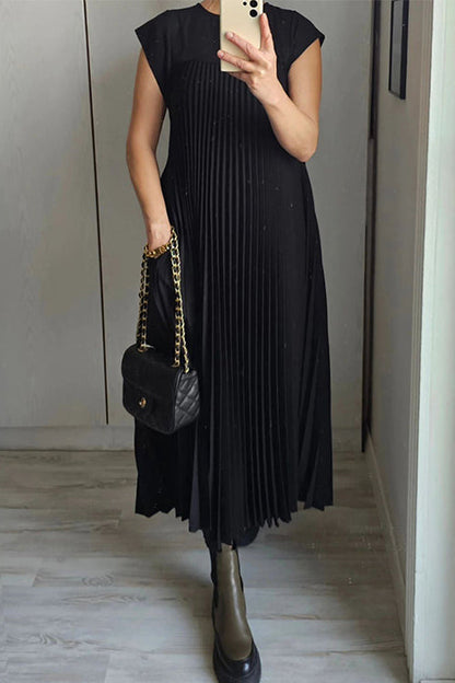 Cap Sleeves Pocketed Loose Pleated Maxi Dress Black
