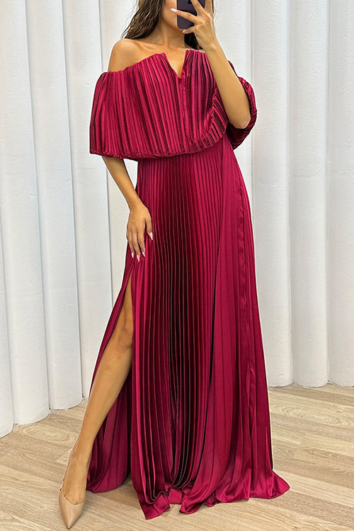 Off Shoulder Waisted High Slit Pleated Maxi Dress Burgundy