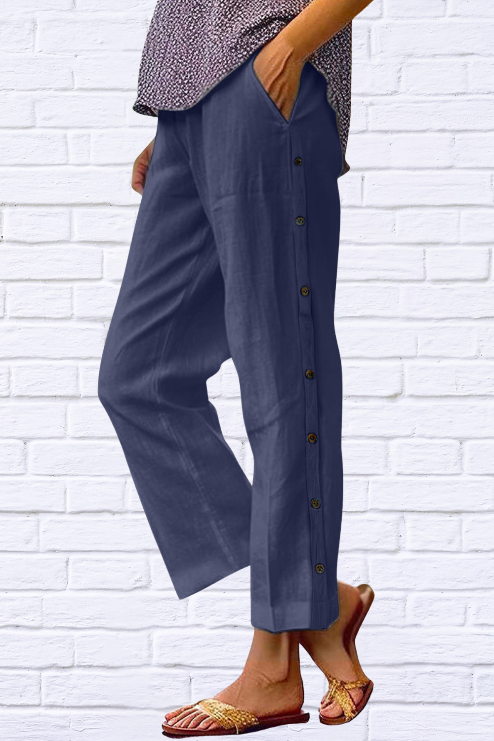 Full Size Side Decor Button Casual Wide Leg Pants Plus Size Navy Blue