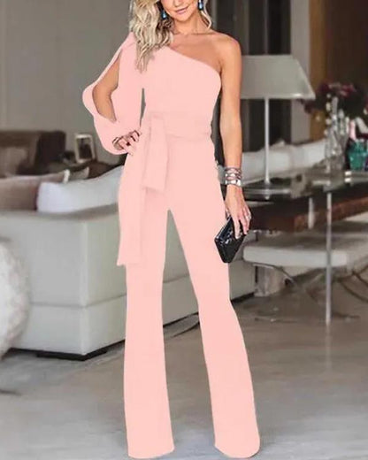 Clidress Off One Split Shoulder Wide Leg Jumpsuit
