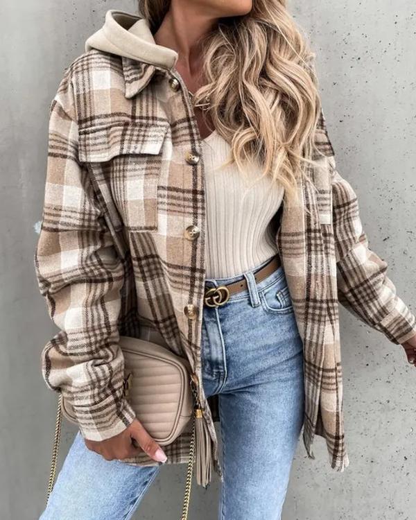 Clidress Hooded Plaid Fashion Shirt Jacket