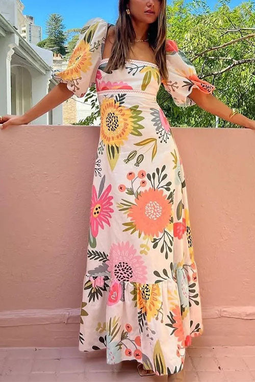 Square Collar Puff Sleeves Floral Print Cotton Linen Ruffle Maxi Dress Orange