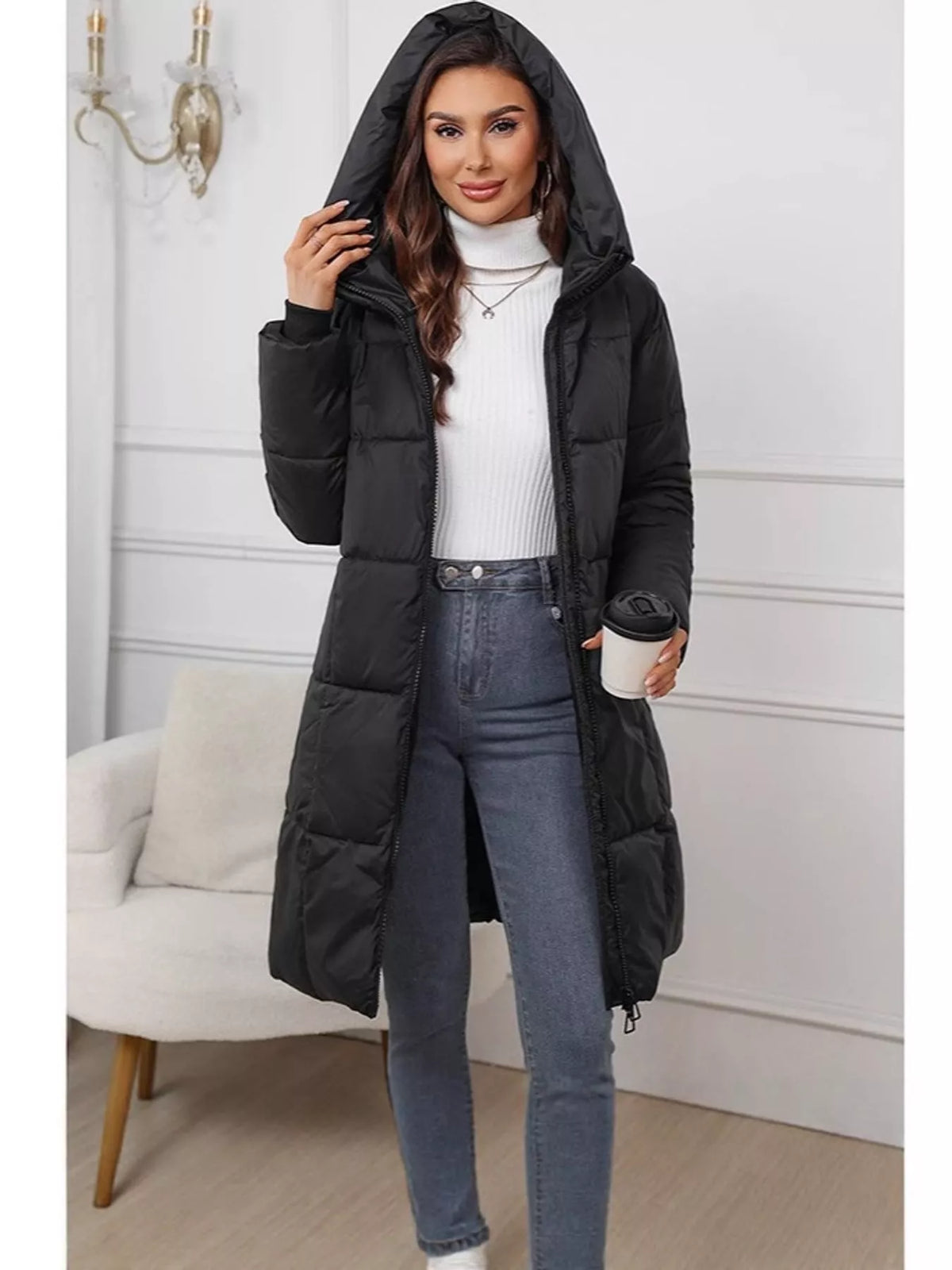 Full Size Zip Up Hooded Longline Puffer Outerwear Plus Size