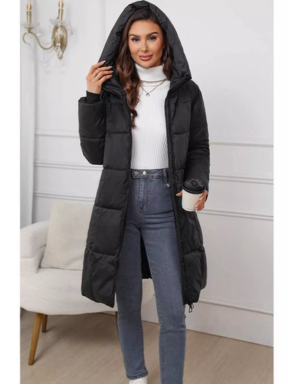 Full Size Zip Up Hooded Longline Puffer Outerwear Plus Size