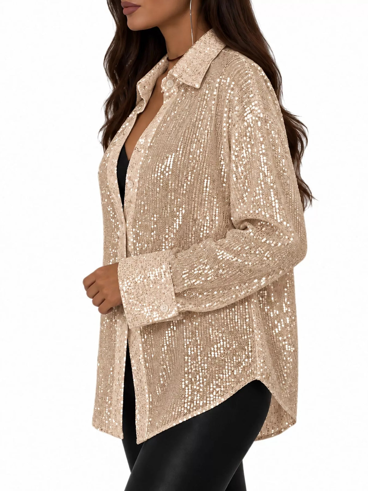Full Size Sequin Button Up Long Sleeve Shirt Plus Size
