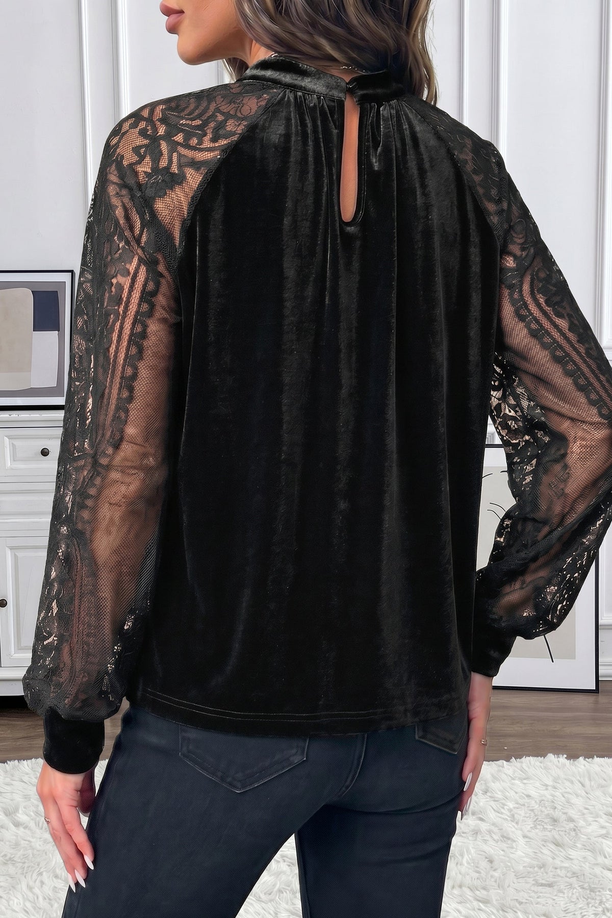 Color Black Solid Color Sheer Lace Long Sleeve Patchwork Stand Neck Velvet Blouse