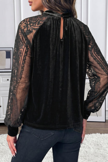 Color Black Solid Color Sheer Lace Long Sleeve Patchwork Stand Neck Velvet Blouse