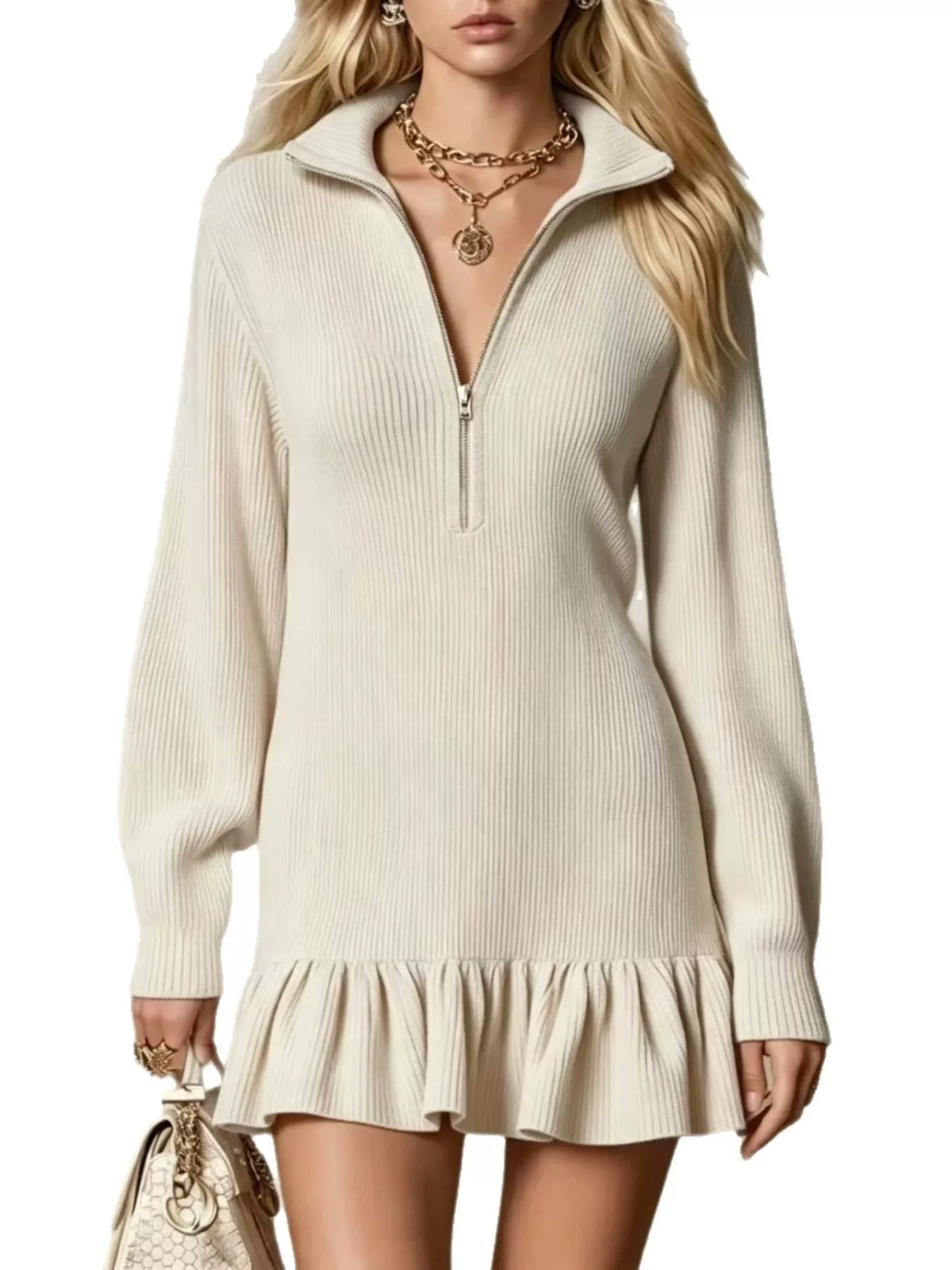 Full Size Half Zip Ruffled Hem Dress Plus Size
