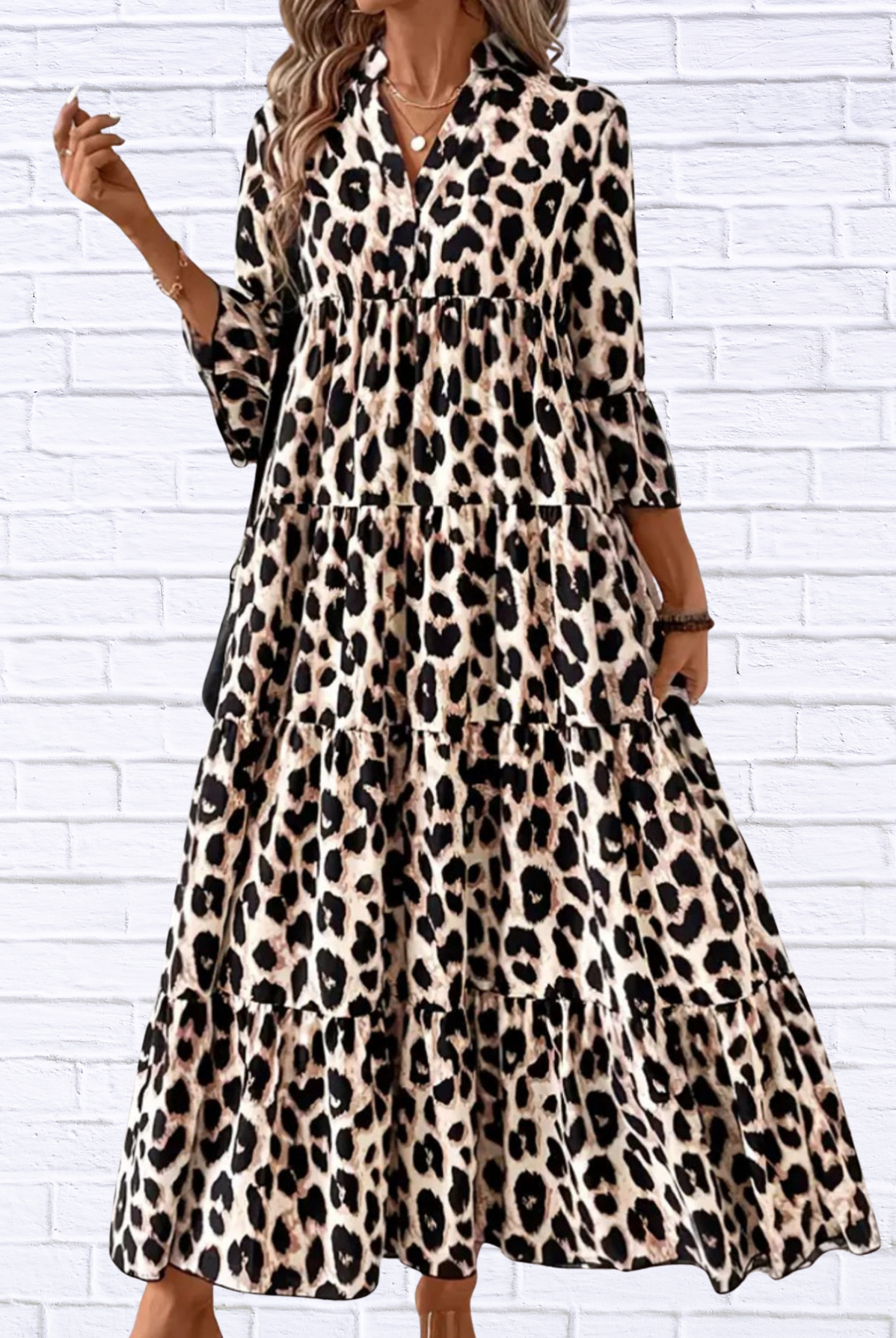 Leopard 3/4 Sleeve Midi Dress