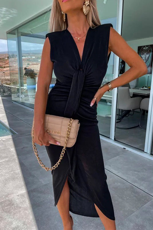 V Neck Drape Front Ruched Sleeveless Bodycon Dress Black