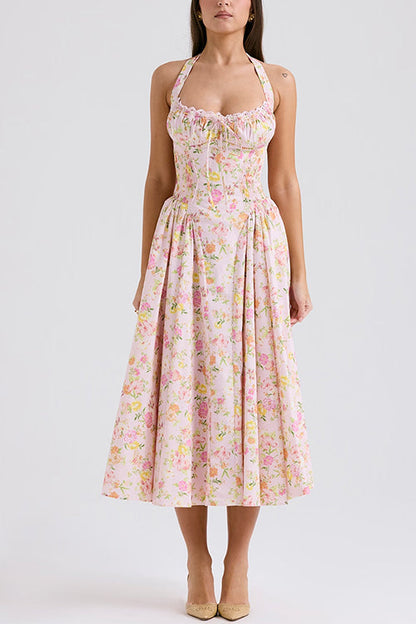 Halter Tie Front Waisted Floral Print Midi Dress