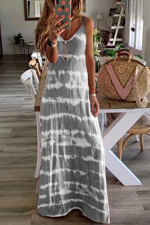 Sleeveless V Neck Tie Dye Maxi Cami Beach Dress Gray