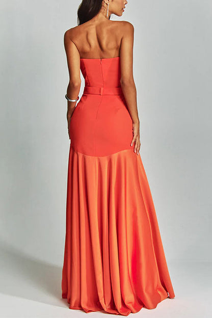 Mesh V Neck Strapless Splice Flare Maxi Party Dress