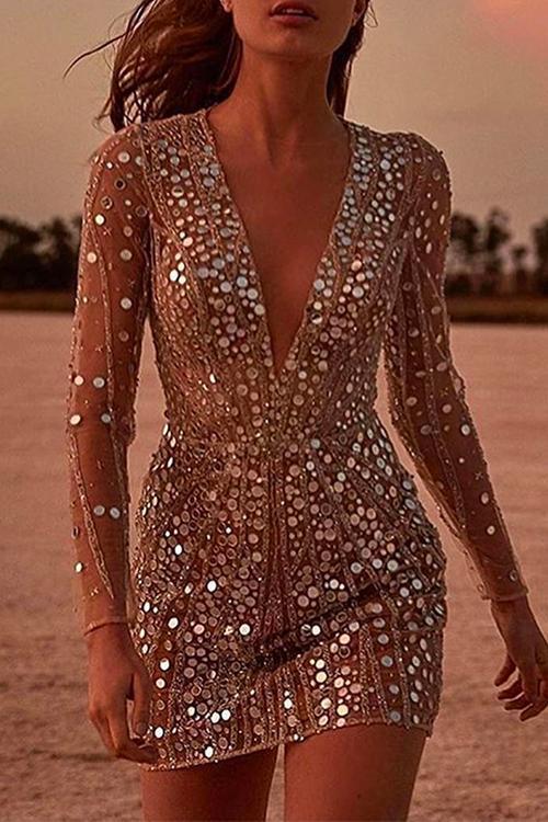Deep V Neck Mesh Sleeve Mini Sequin Club Dress Gold