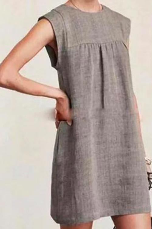 Ruched Short Sleeve Cotton Linen Babydoll Dress Gray