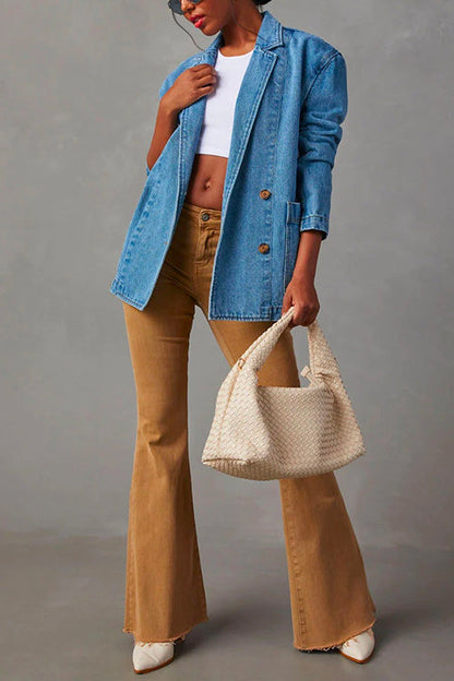 Notch Lapel Button Front Pocketed Denim Blazer