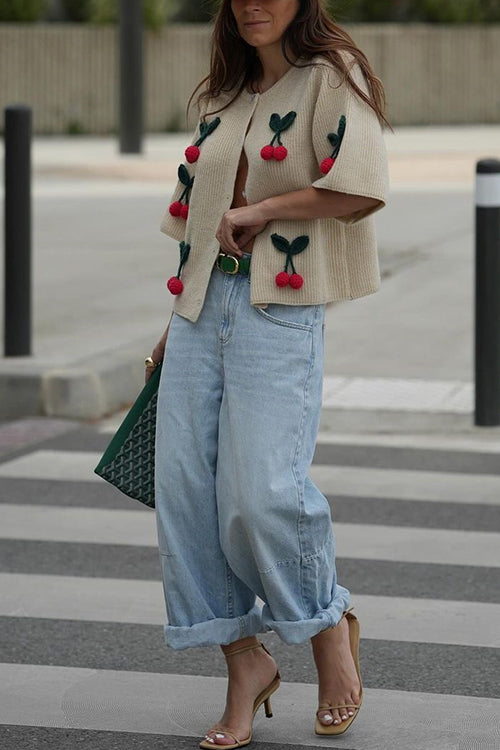 Short Sleeves Button Up Cherry Decorative Knit Sweater