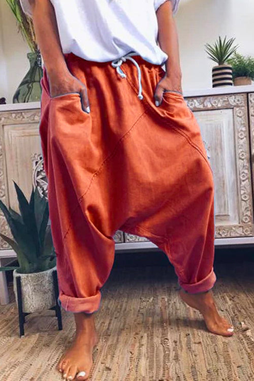 Solid Drawstring Waist Hippie Harem Pants Red