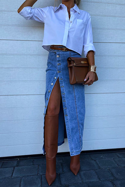 High Rise Button Down Slit Denim Skirt