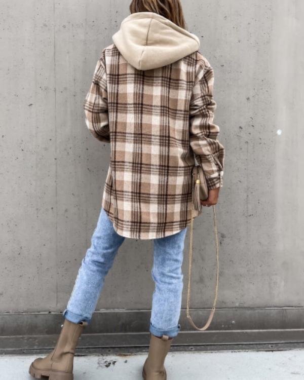 Clidress Hooded Plaid Fashion Shirt Jacket