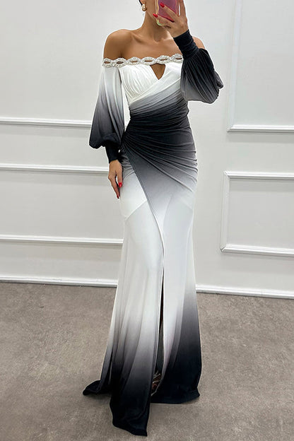 Off Shoulder Ruched Waist Gradient Tie Dye Wrap Maxi Dress
