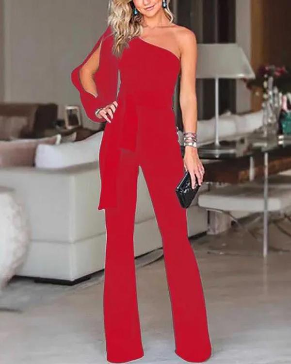 Clidress Off One Split Shoulder Wide Leg Jumpsuit