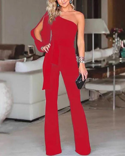 Clidress Off One Split Shoulder Wide Leg Jumpsuit