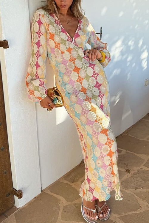 V Neck Lantern Sleeves Geometric Print Maxi Dress