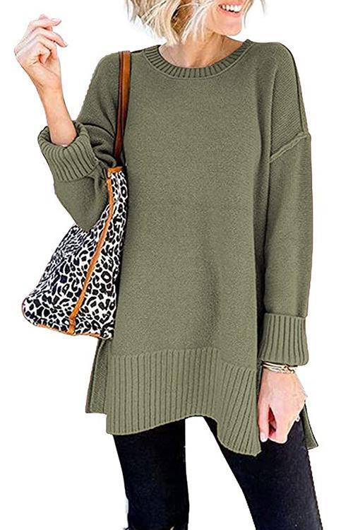 Side Split Ribbed Trim Loose Mid Sweater Green
