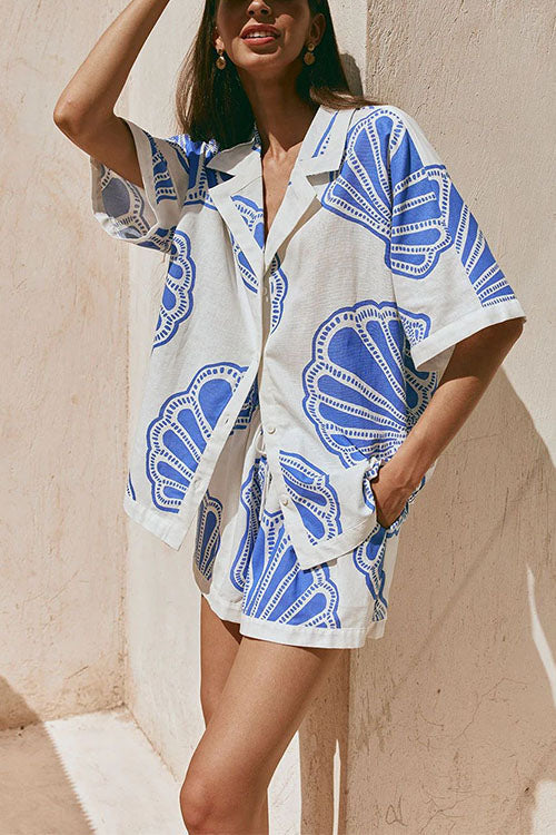 V Neck Short Sleeves Shirt and Drawstring Waist Shorts Seashell Print Set