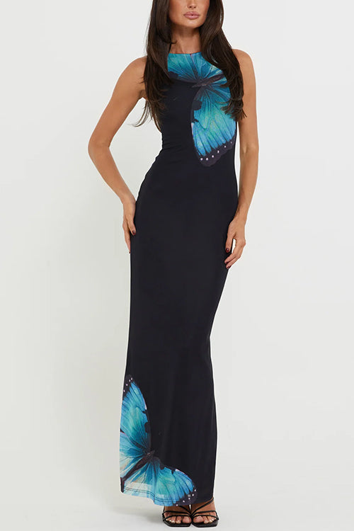 Back Lace-up Sleeveless Butterfly Print Maxi Dress