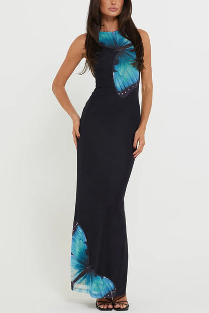 Back Lace-up Sleeveless Butterfly Print Maxi Dress